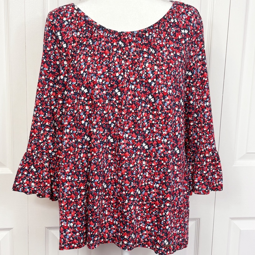 MICHAEL Michael Kors Red White Blue Ditsy Floral Bell Sleeve Top Large